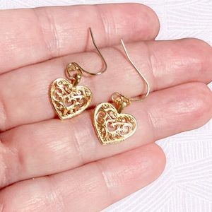 NEW Heart Earrings Filigree GoldTone 14k French Earwires